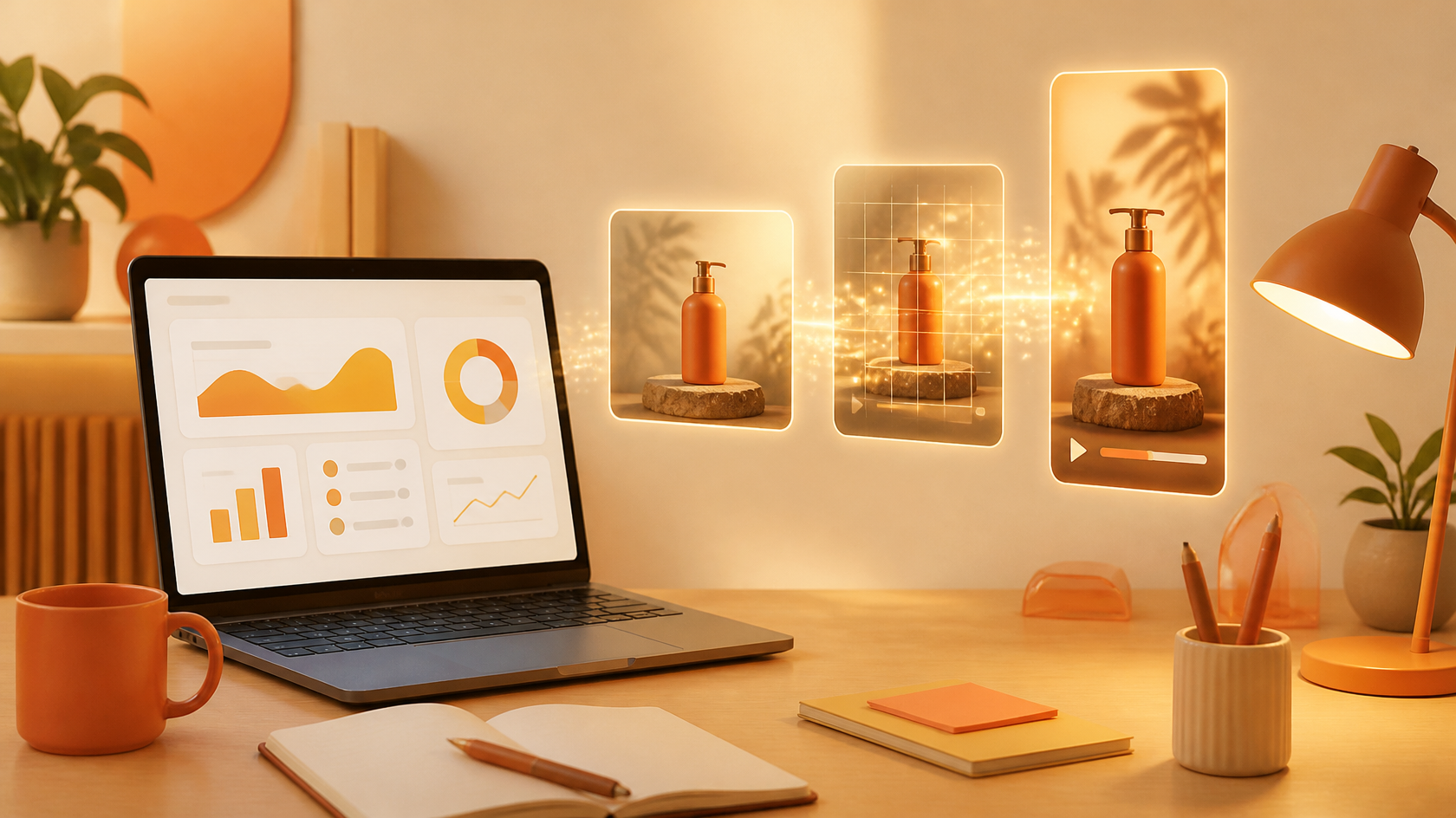 Ilustrasi meja kerja marketer dengan laptop berisi dashboard iklan dan foto produk yang berubah menjadi video berkat AI